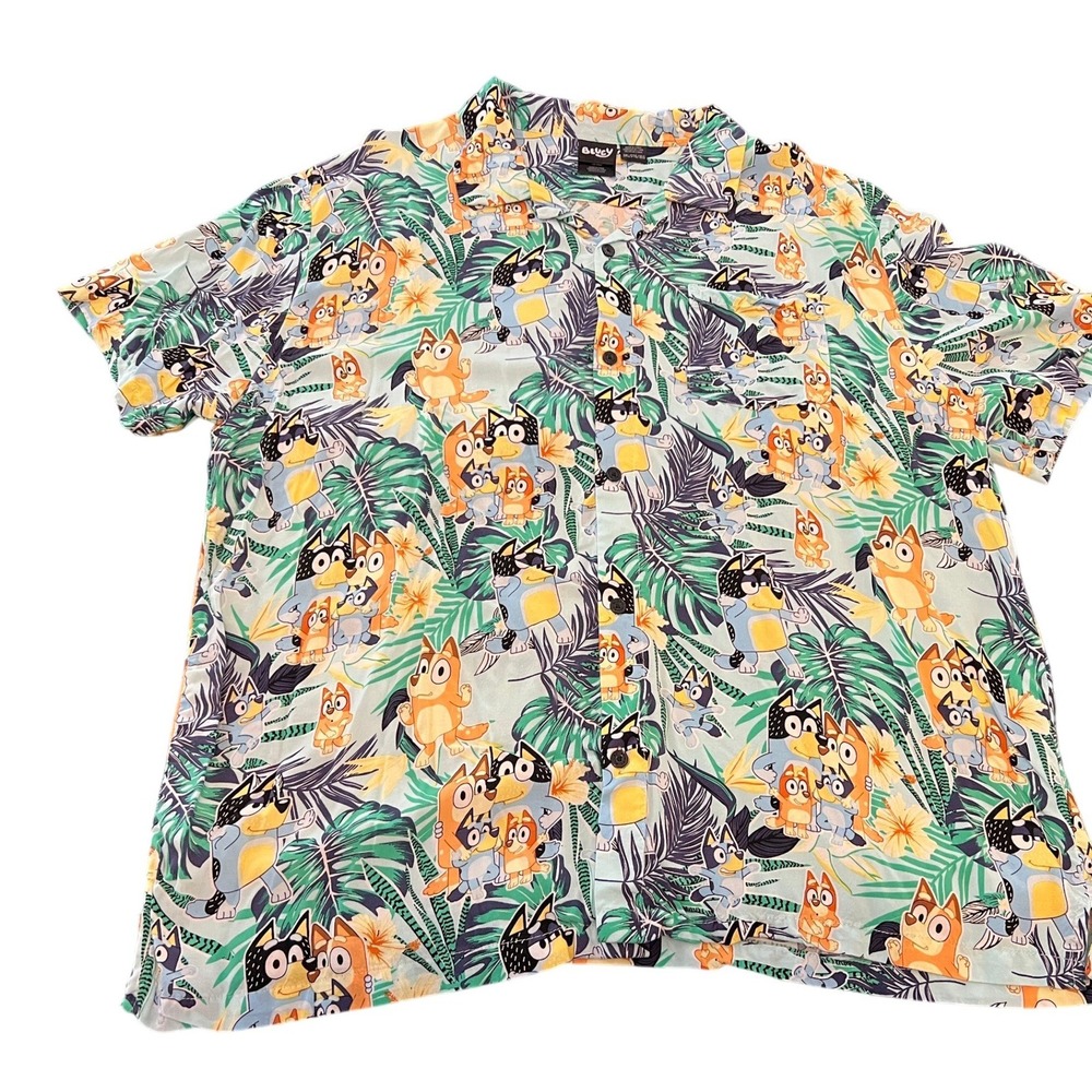 Bluey Kids Hawaiian Shirt Tropical Palm Leaf‎ Rayon Button Down Blue 3XL 3TG 3EG